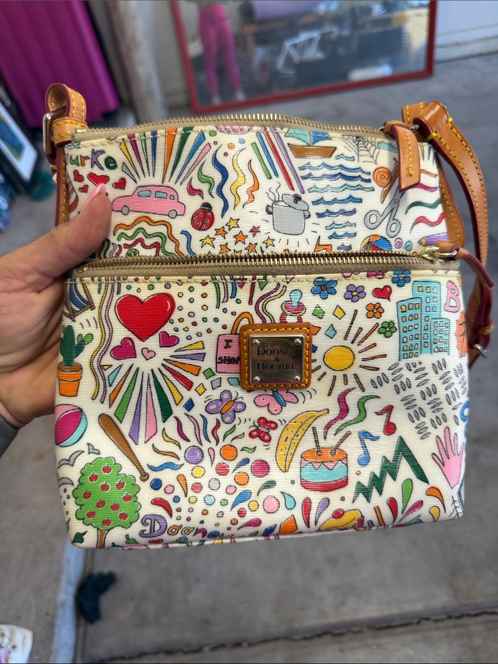 Dooney & Bourke White Multicolor Doodle Shoulder Bag with Tan Trim